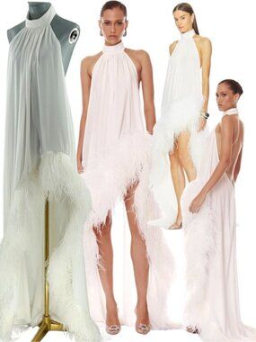 🆕 BRONX & BANCO 🧿 NWOT Madeline Halterneck Feathered Gown, White - Sz L US 8